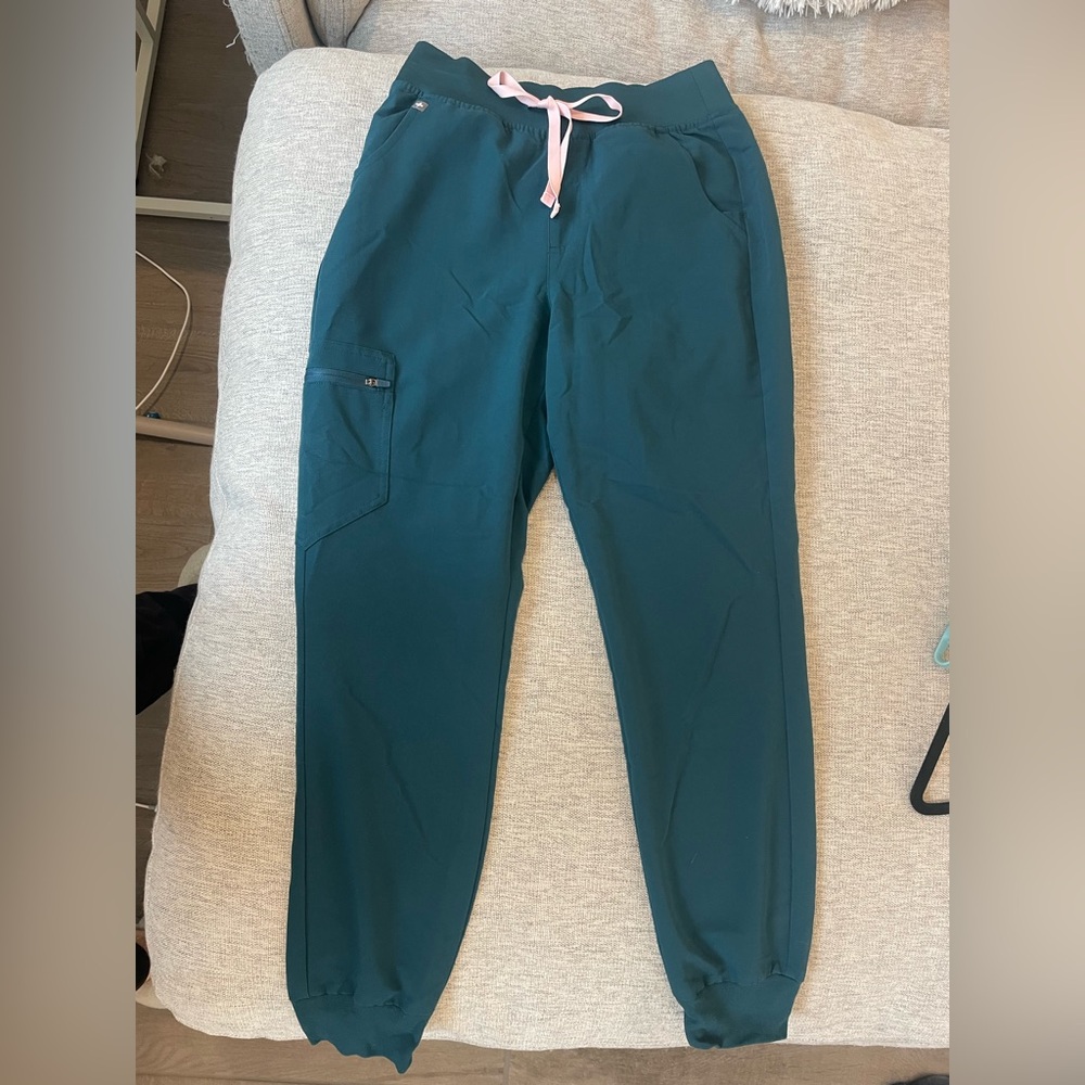 Figs deep green/blue scrub pants with Coral Drawstring